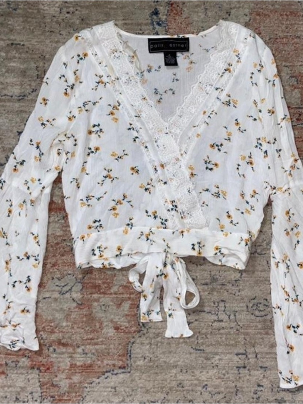White Floral Lace-Trim Wrap Blouse